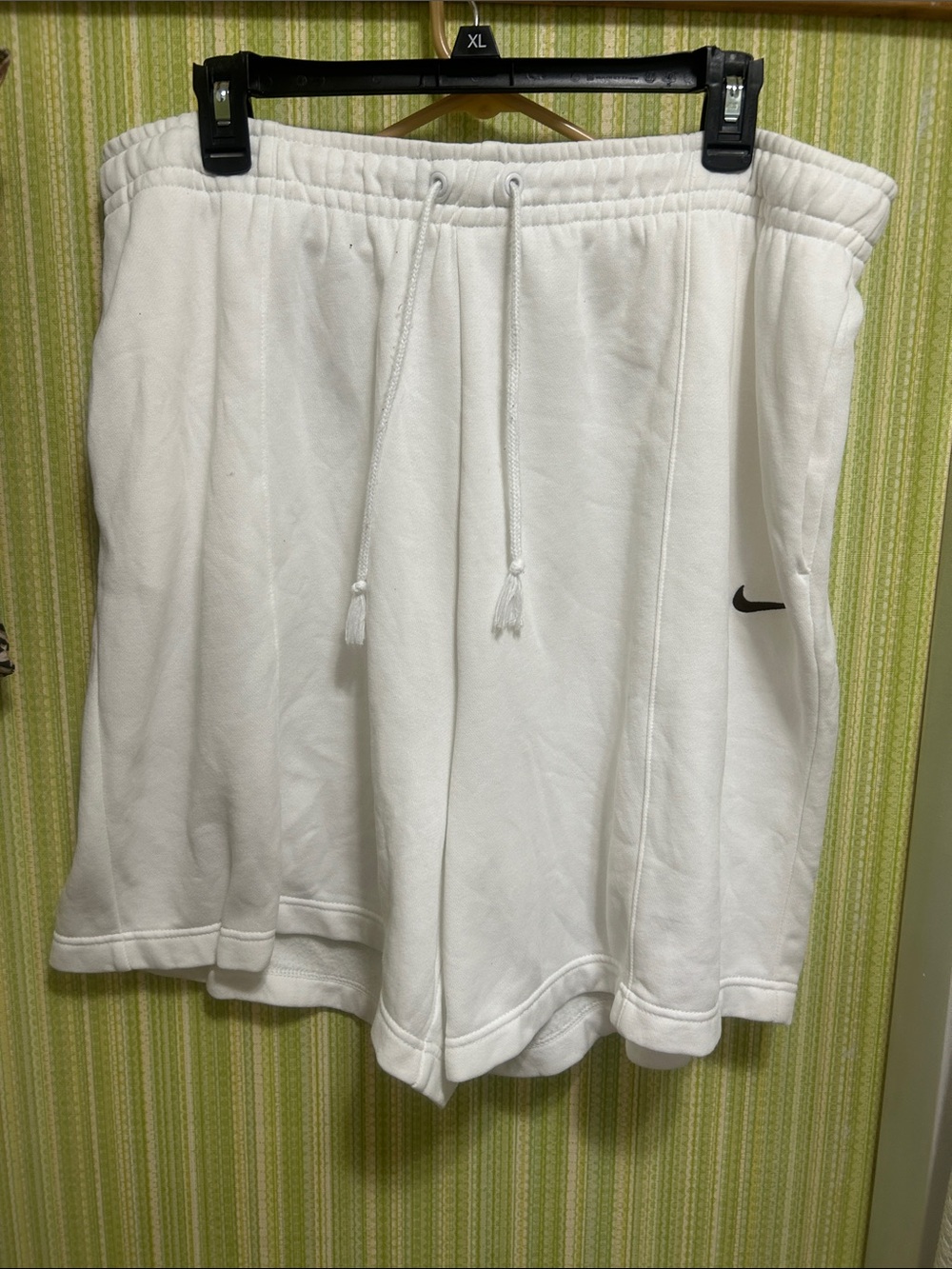 Nike White Fleece Drawstring Athletic Shorts with Black Swoosh